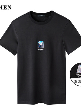 VMEN威曼潮流印花黑色T恤短袖男青年T恤衫新款韩版上衣V021T302