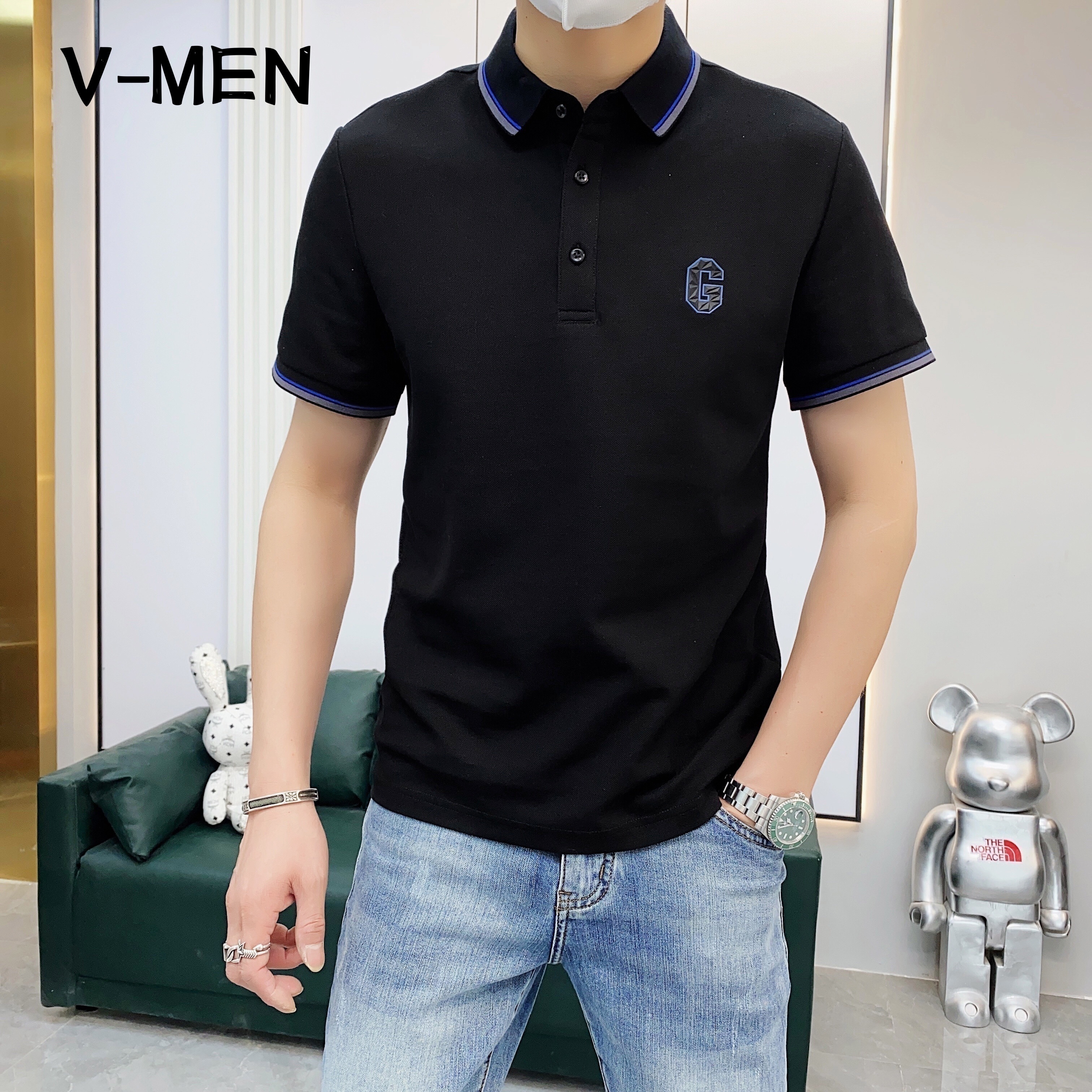翻领休闲短袖短袖威曼黑色夏季