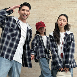 港风个性连帽格子衬衫亲子装一家三口时尚黑白拼接潮流外套家庭装