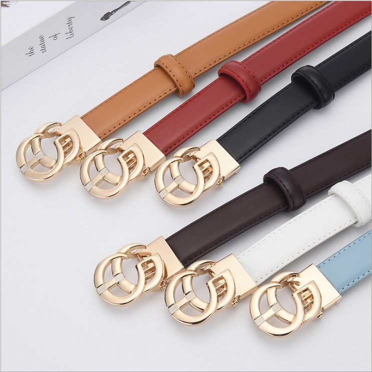 cg皮带女网红平滑扣腰带女士细腰真皮休闲百搭装饰裤带韩版窄牛皮