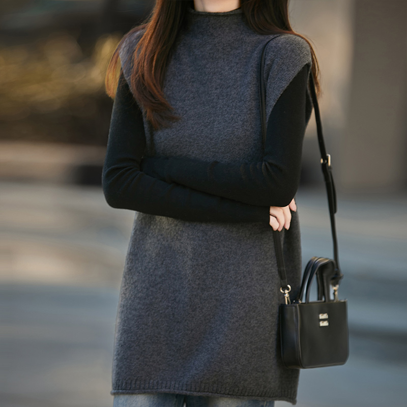 半高领卷边100%羊毛针织马甲女