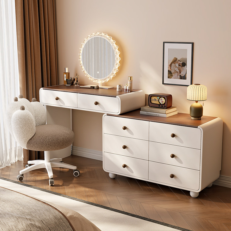 2026新款实木中古奶油风梳妆台卧室现代简约斗柜收纳柜一体化妆桌