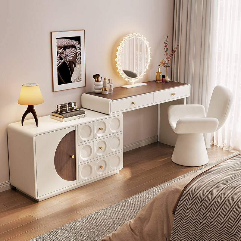 中古奶油风梳妆台床尾斗柜一体书桌实木化妆台卧室现代简约转角小