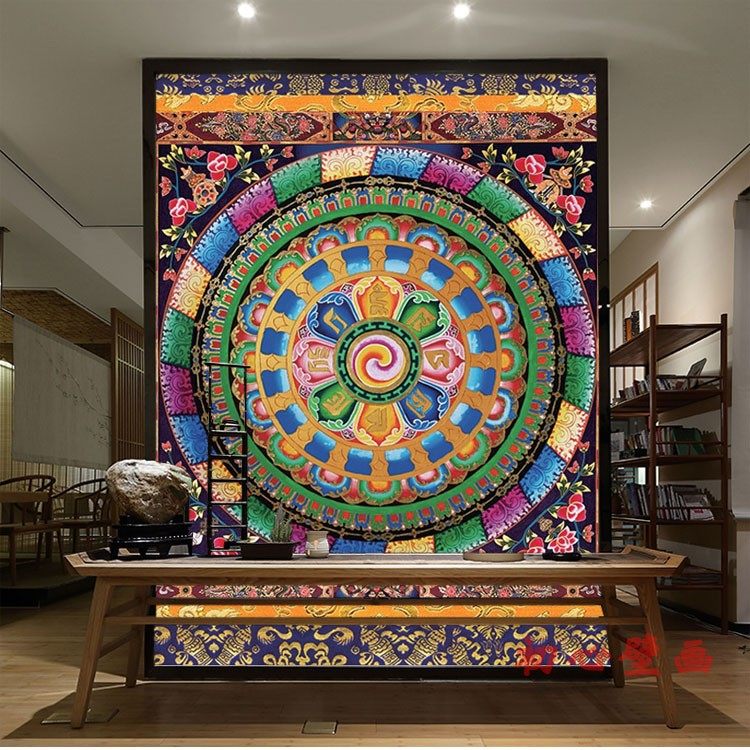 藏式墙纸祠堂古建筑寺庙壁纸吊顶壁画皇宫彩绘吉祥八宝天花背景墙