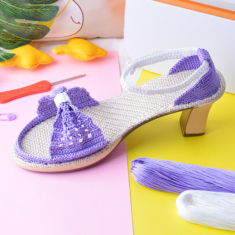 手工编织夏凉高跟亚麻粉跟咖底空心线钩蝴蝶结女款材料包送教程