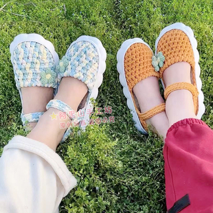 手工钩织夏凉布条线云朵亚麻小花凉鞋 材料包 锦汇底甜美亲子儿童鞋