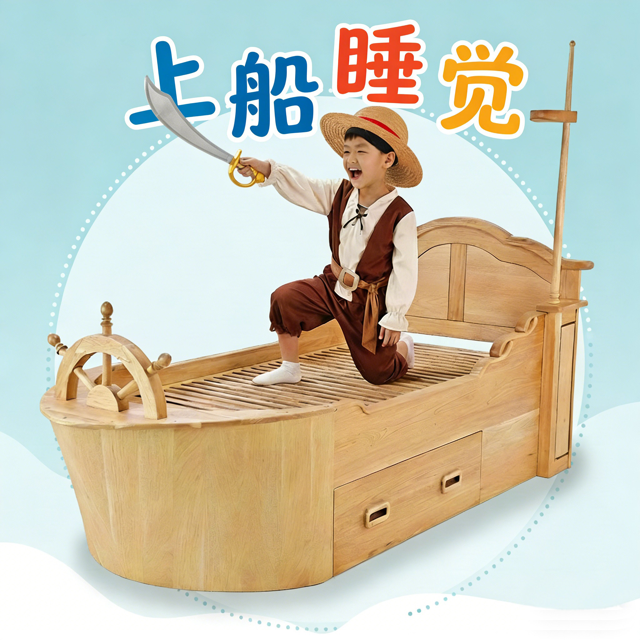 士瞻实木儿童床海盗船造型创意储物床手工实木儿童家具柚木床