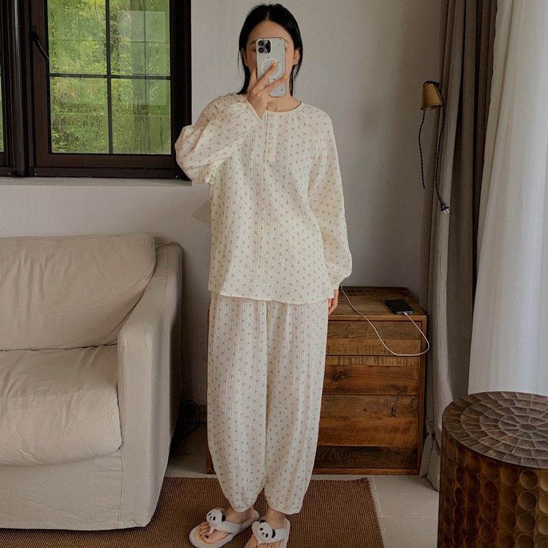杜小宅秋季小宅棉纱衣女2024新款休闲套装两件套纯棉睡衣家居服