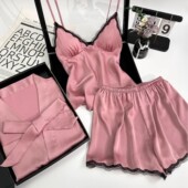 外袍三件套家居服 带胸垫甜美纯欲蕾丝睡衣女吊带短裤 经典 纯色夏季