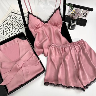 外袍三件套家居服 带胸垫甜美纯欲蕾丝睡衣女吊带短裤 经典 纯色夏季