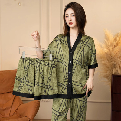 SH故事夏季冰丝睡衣女宽松薄款v领抹茶三件套家居服可外穿