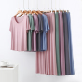 拼色大码 莫代尔鹅蛋领短袖 时尚 休闲套装 简约两件套 宽松阔腿长裤