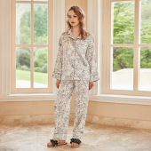 清新植物印花家居服轻奢仿真丝可外穿 套装 冰丝睡衣女春秋长袖 长裤