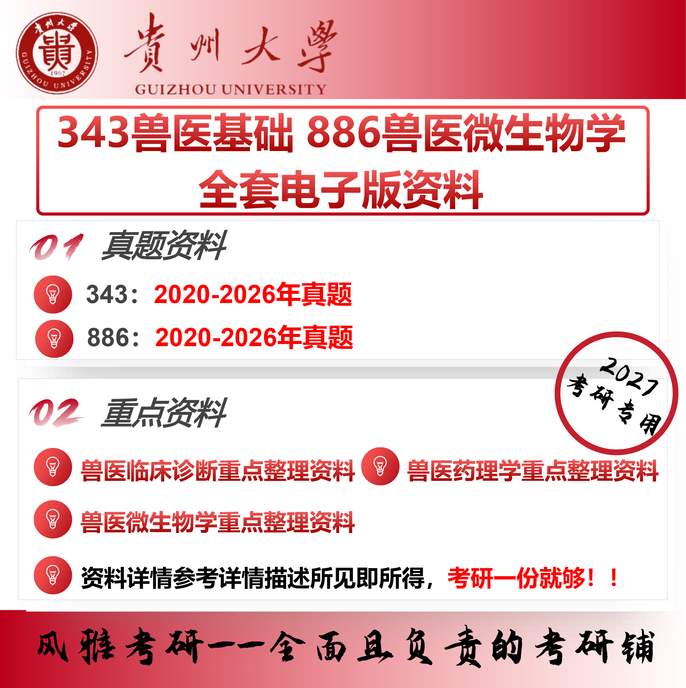 贵州大学343兽医基础886兽医微生物学 考研真题重点资料