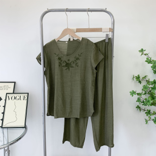 睡衣夏季 两件套可外穿套装 宽松大码 长裤 家居服 短袖 亚麻套装