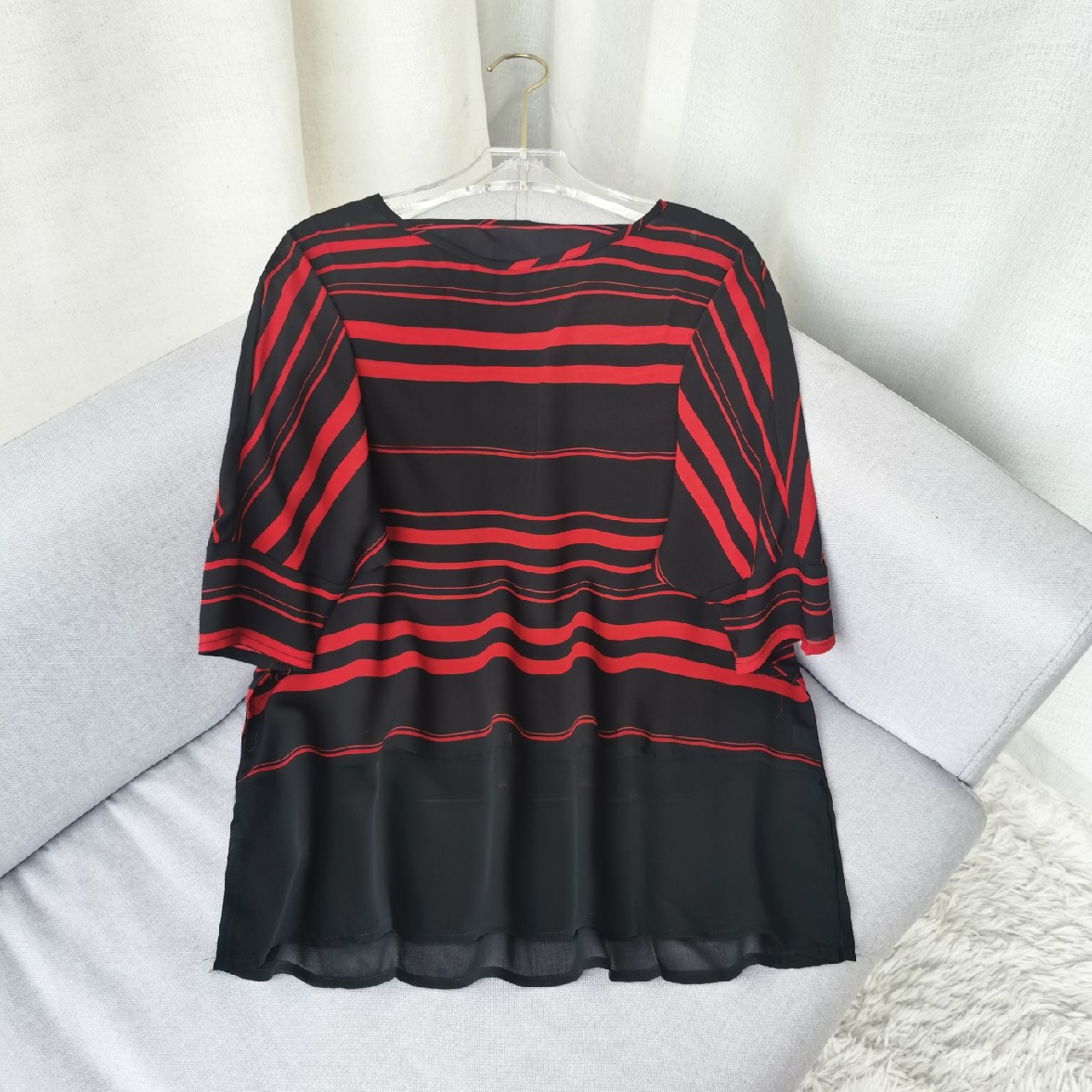 大码妈妈夏装条纹短袖T恤真丝雪纺小衫中老年女装大码上衣洋气