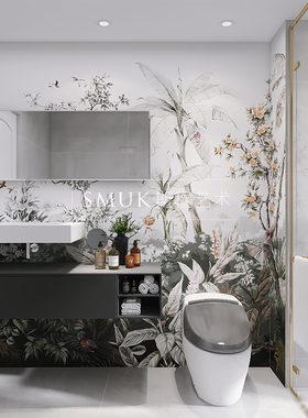法式现代洗手间浴室卫生间装饰自粘贴挂画免打孔防水高级壁画定制