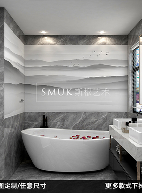 新中式禅意浴缸淋浴房卫生间瓷砖装饰挂画自粘防水贴画免打孔定制