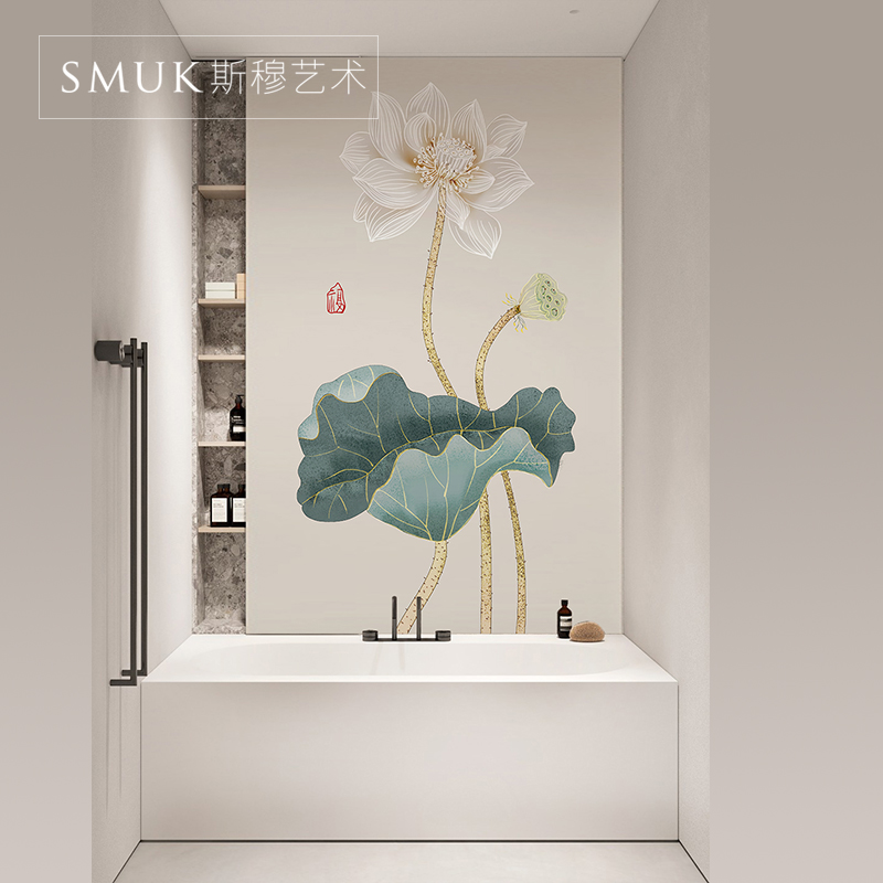 新中式玄关厕所马桶浴室卫生间挂画装饰画壁画自粘防水免打孔荷花图片