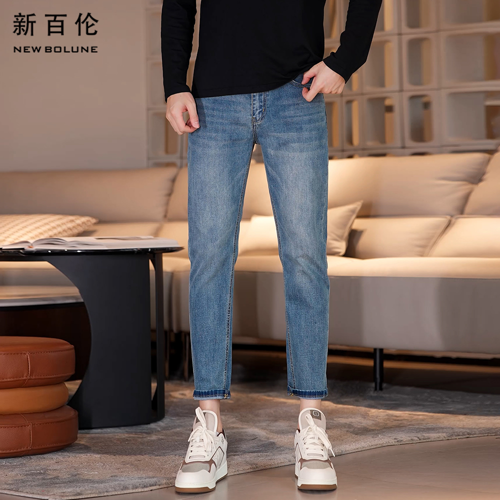 新百伦夏季男士牛仔裤2025新款九分轻奢百搭修身直筒蓝色男款裤子