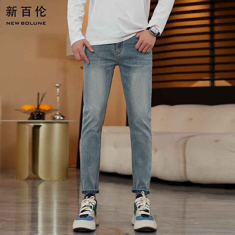 新百伦夏季九分男士牛仔裤2025新款百搭修身直筒浅色男款轻奢裤子