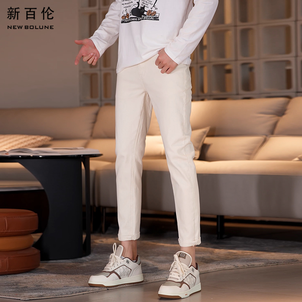 新百伦香槟色男士牛仔裤2025夏季新款百搭修身直筒浅色男款轻奢裤