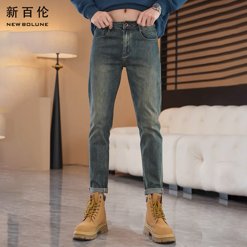 新百伦秋季轻奢男士牛仔裤复古蓝2026新款修身直筒百搭休闲长裤潮