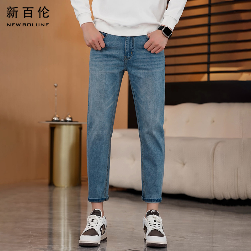 新百伦夏季男士牛仔裤2025新款九分轻奢百搭修身直筒蓝色男款裤子