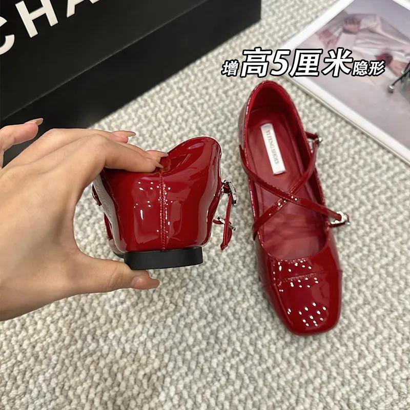 小个子增高红色交叉带玛丽珍鞋女