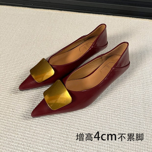 法式爆款增高4CM方扣浅口坡跟红色气质女鞋一脚蹬软皮尖头单鞋女
