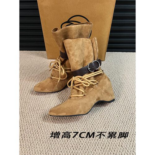 内增高7CM交叉绑带中筒堆堆靴
