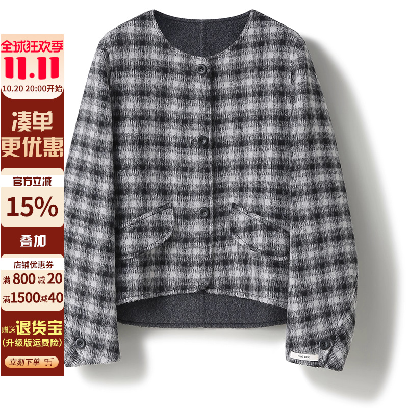 骆驼绒+羊毛~圆领宽松短款双面呢上衣秋冬女小香格子羊绒西装外套
