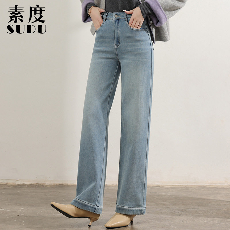 素度新款冬季密密绒牛仔裤女浅蓝色窄版直筒裤口袋撞色绣线十分裤