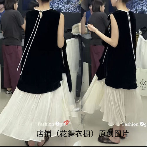 赫本风珍珠飘带假两件连衣裙女轻奢无袖拼接长裙丝绸轻奢气质名媛