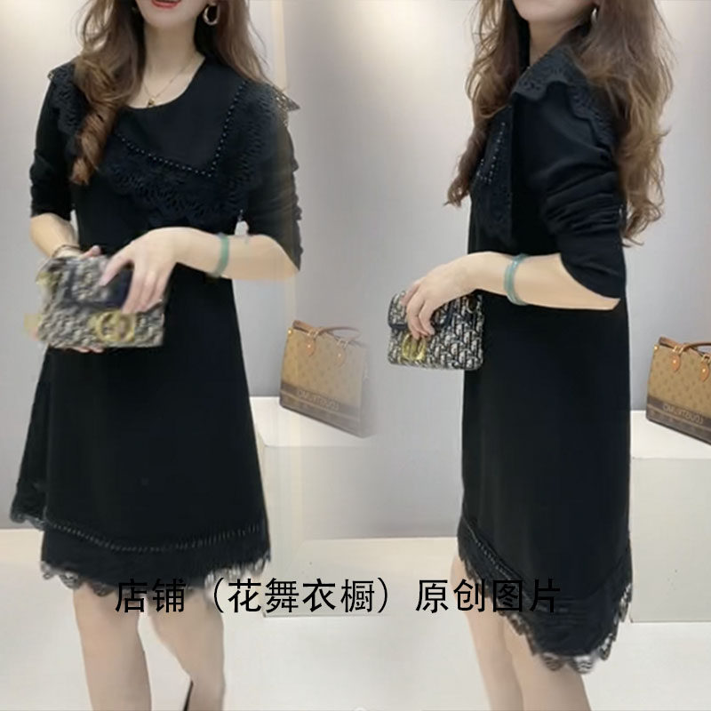 黑色蕾丝拼接连衣裙女长袖翻领中长款显瘦大码裙子气质名媛时尚潮