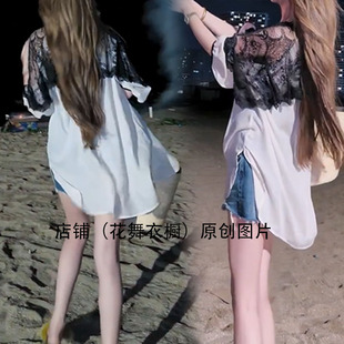 时尚蕾丝拼接雪纺衫女夏中长款宽松休闲上衣白色休闲时尚套头个性