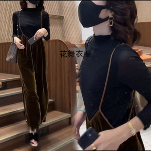 森女气质名媛欧货网红爆款弹力打底衫背带阔腿裤金丝绒两件套装潮