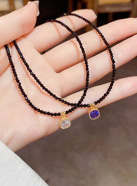 小众设计黑水晶锁骨链