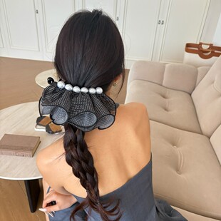 波点网纱香蕉夹女珍珠荷叶边高级感发饰高马尾抓夹顶夹后脑勺头饰
