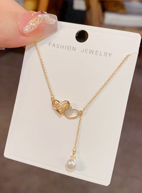 时尚百搭双爱心珍珠流苏项链女甜美气质个性轻奢高级感锁骨链新款