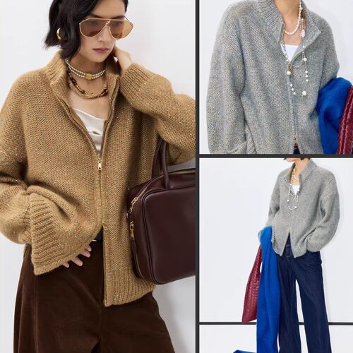 BC氛围 嵿奢獨家定纺珠片纱 含羊绒真丝毛衣开衫拉链加厚