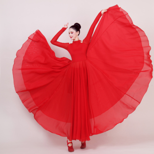 如愿演出服灯火里 中国舞蹈服现代舞飘逸红色大摆裙万疆开场舞女