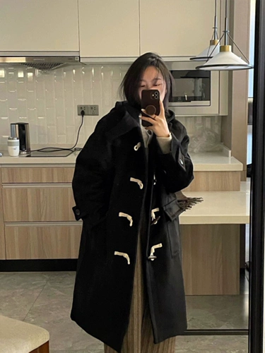 Зимнее черное шерстяное пальто, увеличенная толщина