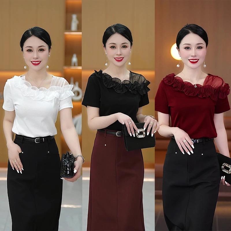 斜领漏肩短袖小衫洋气百搭气质时尚T恤女夏季新款减龄显瘦上衣女