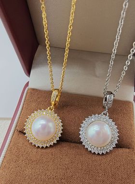 18K真金电镀满钻璀璨大太阳花珍珠项链 轻奢高级感锁骨链吊坠女