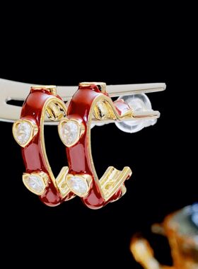 港风复古红色滴釉心形锆石C圈耳钉女 s925银针小众时尚设计感耳环