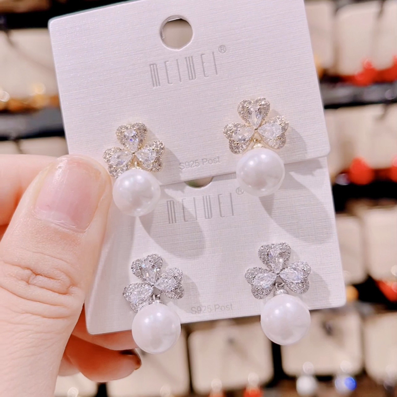 美薇新款超闪潮锆石珠珠耳钉女法式高端风流行耳环小众设计耳饰