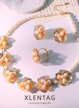 天然珍珠铜镀金花朵项链耳环戒指三件套装18k真金电镀百搭首饰品