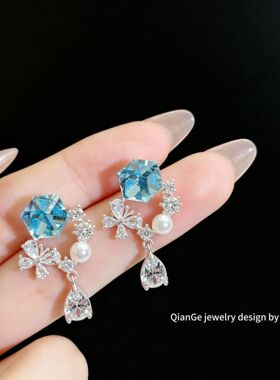 艾妮贝妮 蓝色水晶方块锆石蝴蝶水滴形耳钉 s925银针气质轻奢耳环