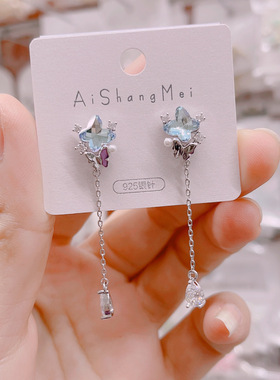ASM蓝色蝴蝶流苏耳环女小众设计感重工长款耳坠925银针耳钉